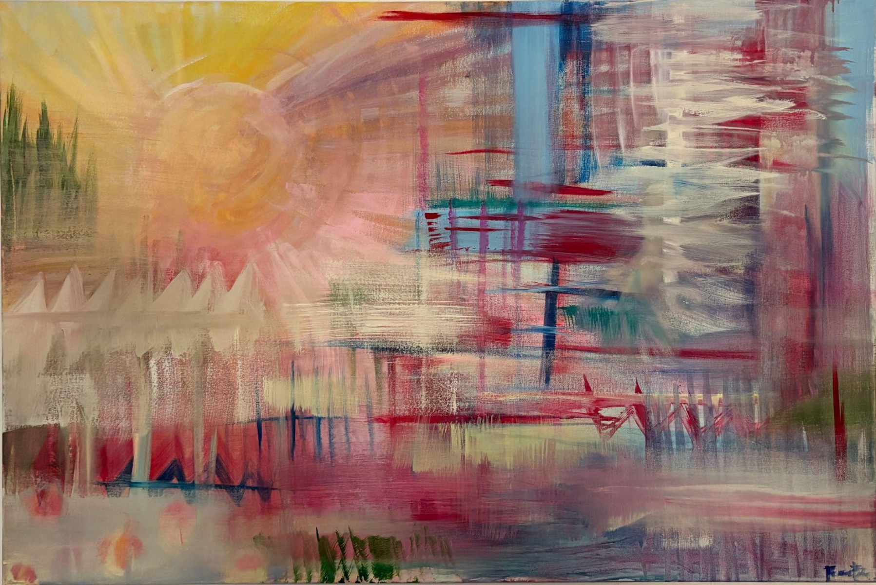 Abstract painting with a yellow sun and intersecting strokes of pink, blue, white, and green