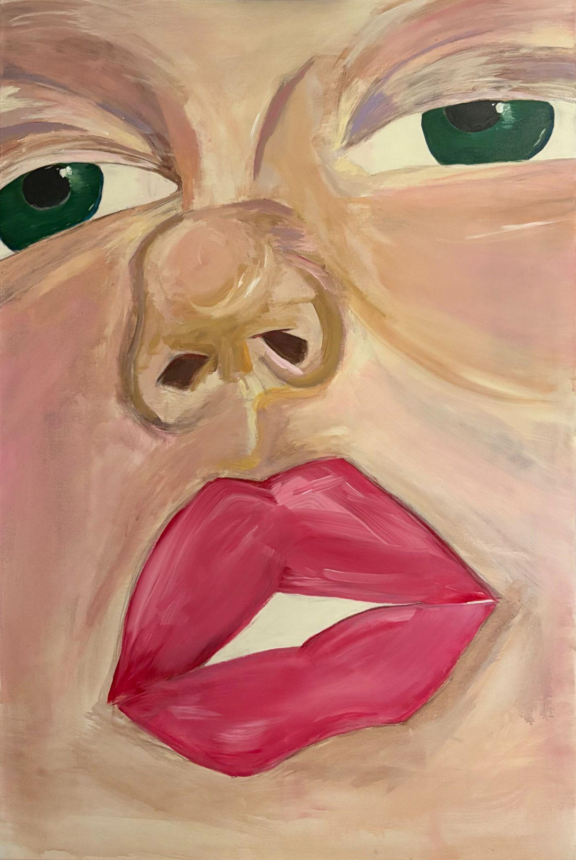 Close-up painted face with green eyes and vivid pink lips