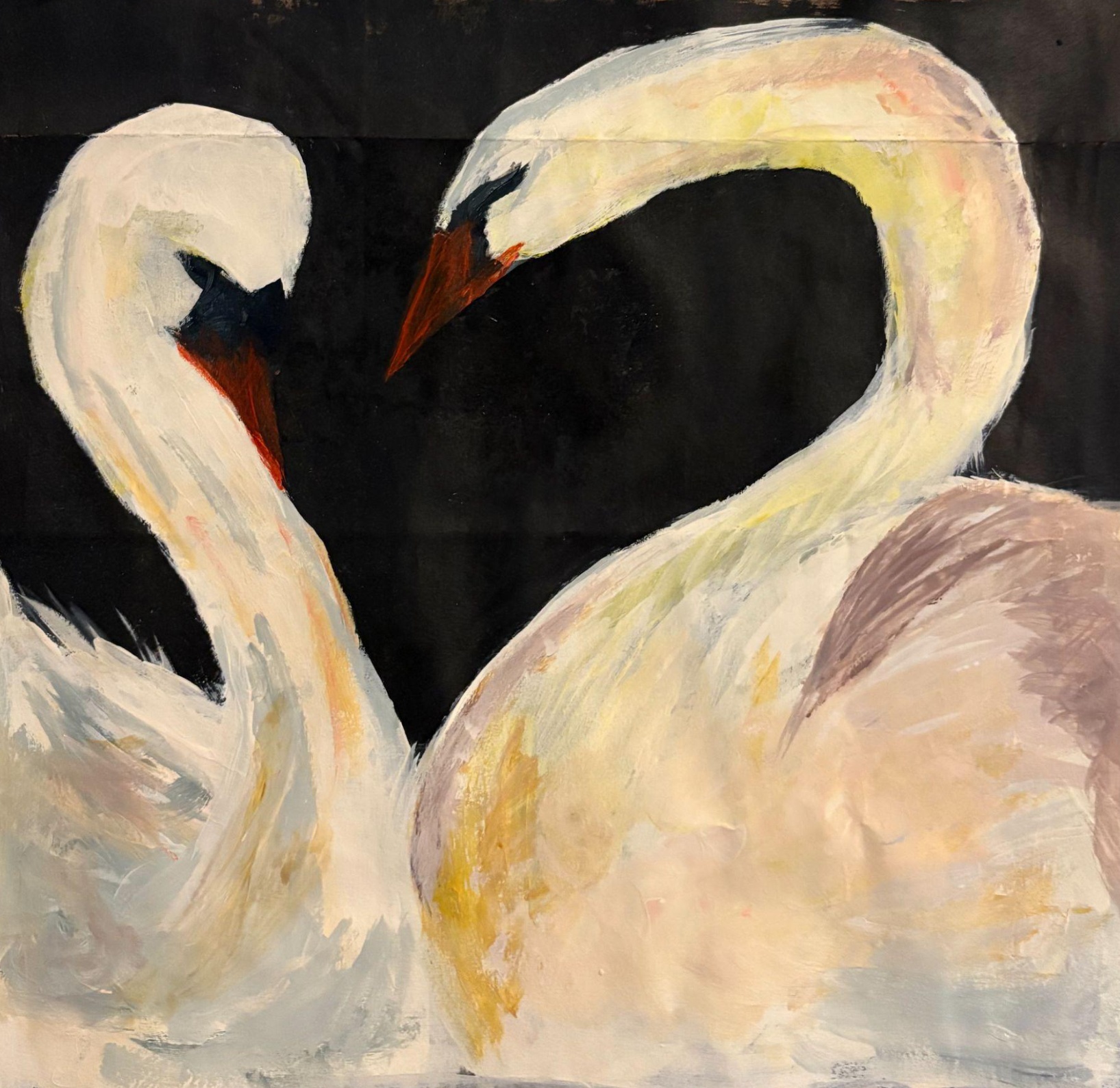 Two pale swans with curved necks against a dark background