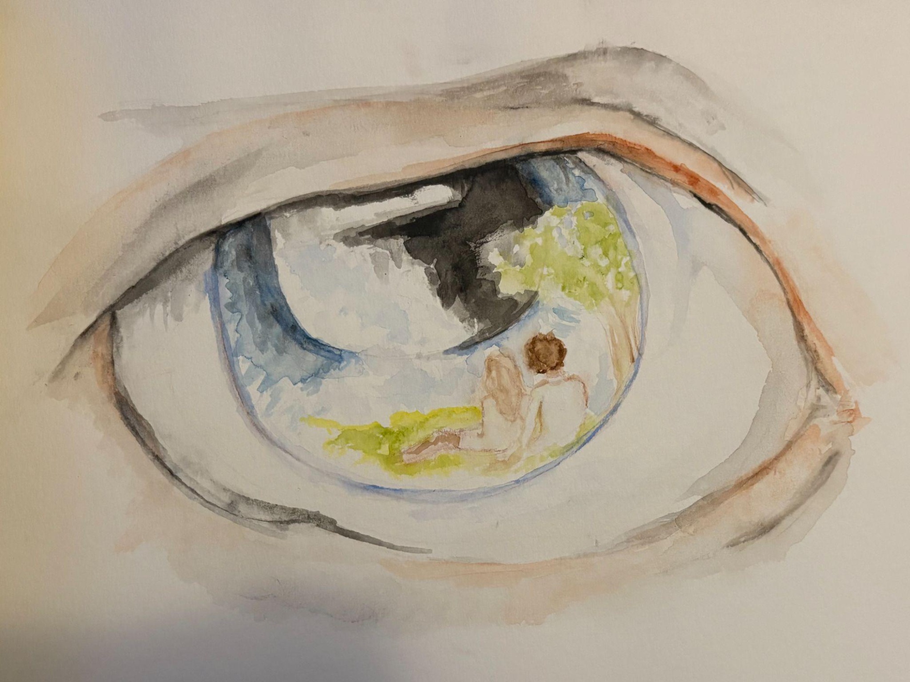 A blue eye containing a small scene of figures and greenery within its iris